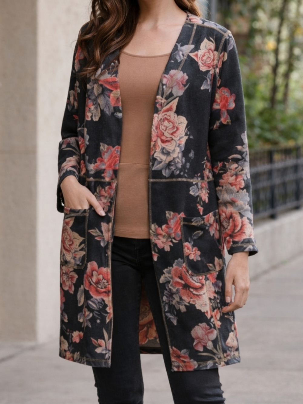 Solitaire Floral Open Front Cardigan Size L Women Long Kimono Jacket Boho Chic